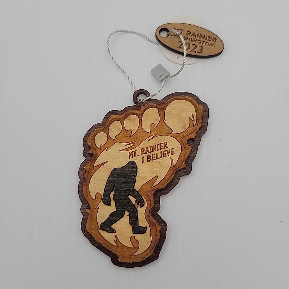 Mt. Rainier Washington Christmas Ornament Bigfoot I Believe 2023 Wood Footprint